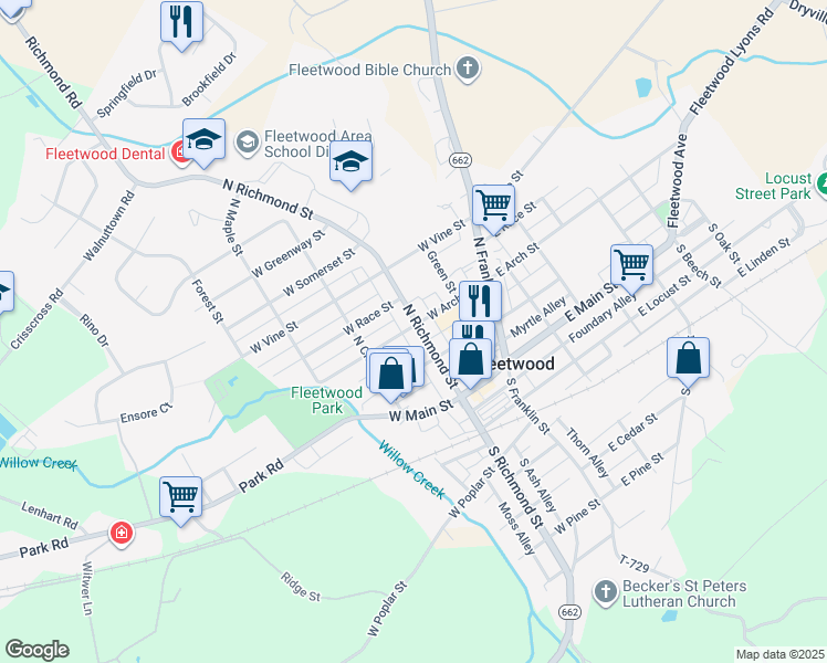 map of restaurants, bars, coffee shops, grocery stores, and more near 200 West Arch Street in Fleetwood