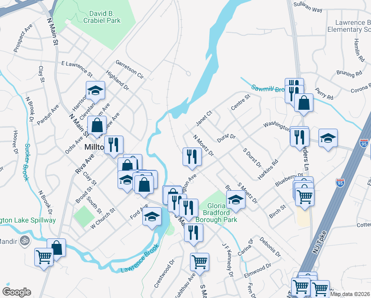 map of restaurants, bars, coffee shops, grocery stores, and more near 16 Janet Court in Milltown