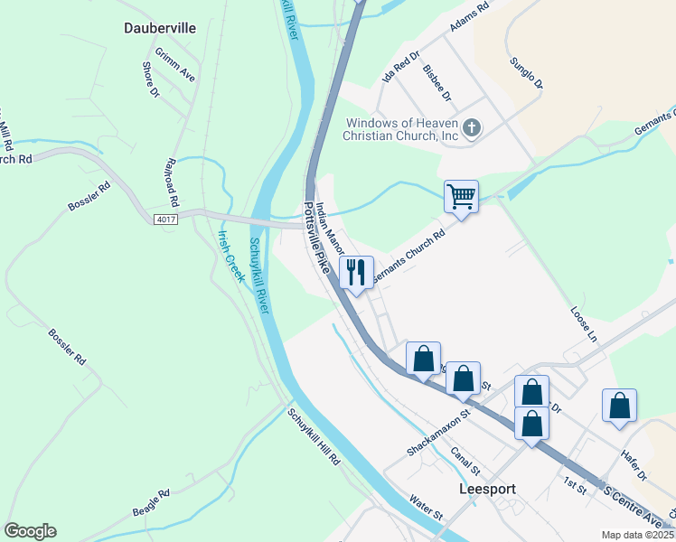 map of restaurants, bars, coffee shops, grocery stores, and more near 5775 Pottsville Pike in Leesport