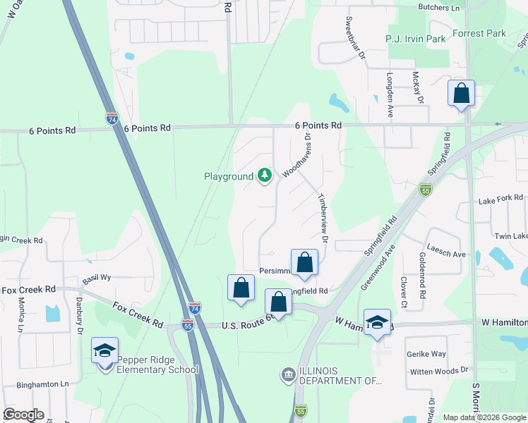 map of restaurants, bars, coffee shops, grocery stores, and more near 7 Lakeview Point in Bloomington