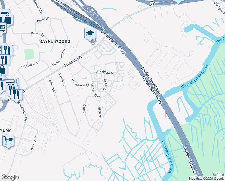 map of restaurants, bars, coffee shops, grocery stores, and more near 6404 Fernandez Court in Sayreville