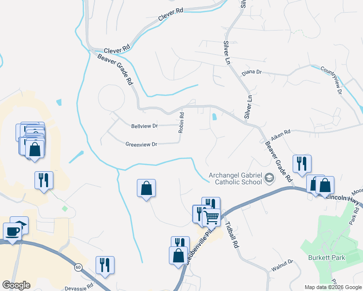 map of restaurants, bars, coffee shops, grocery stores, and more near 21 Robin Road in McKees Rocks