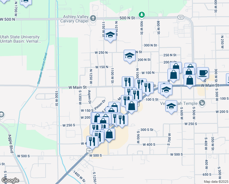 map of restaurants, bars, coffee shops, grocery stores, and more near 39 Dale Avenue in Vernal