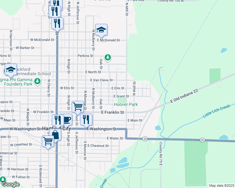 map of restaurants, bars, coffee shops, grocery stores, and more near 701-749 N Spring St in Hartford City