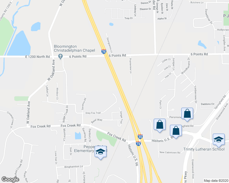 map of restaurants, bars, coffee shops, grocery stores, and more near 2531 Fox Trot Trail in Bloomington