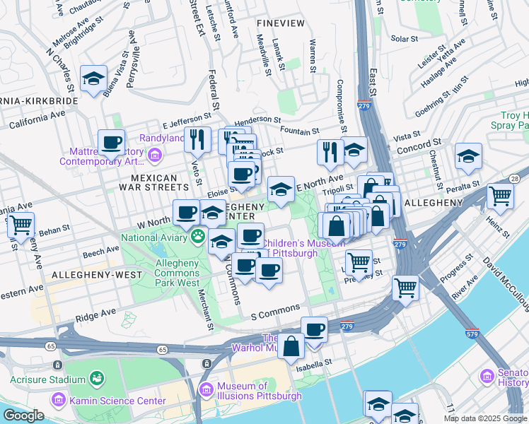 map of restaurants, bars, coffee shops, grocery stores, and more near 50 Montgomery Place in Pittsburgh