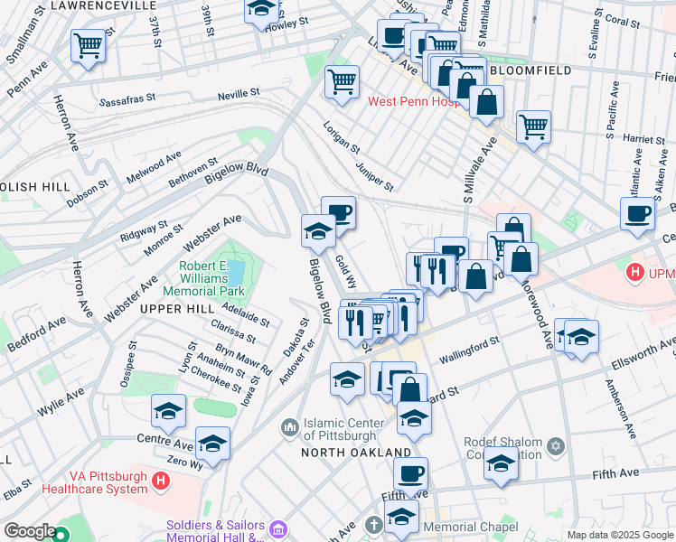 map of restaurants, bars, coffee shops, grocery stores, and more near 435 Melwood Avenue in Pittsburgh