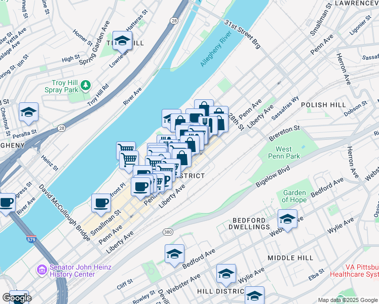 map of restaurants, bars, coffee shops, grocery stores, and more near 2550 Smallman Street in Pittsburgh