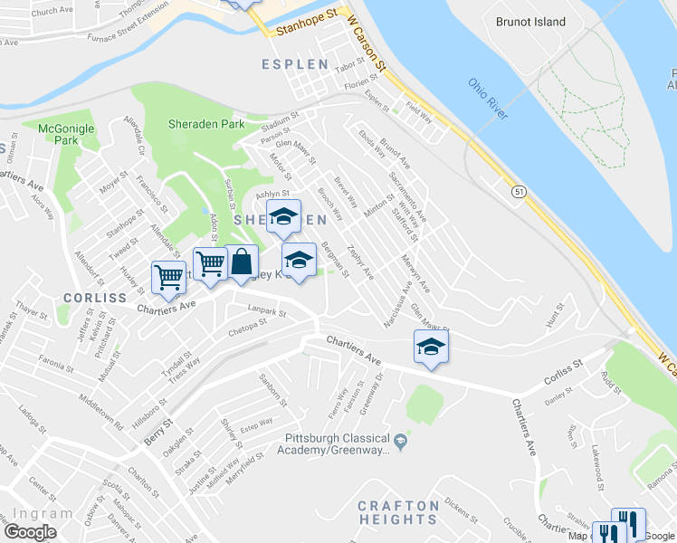 map of restaurants, bars, coffee shops, grocery stores, and more near 2827 Bergman Street in Pittsburgh
