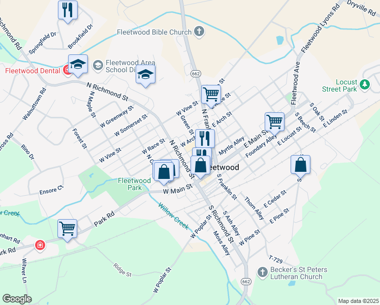 map of restaurants, bars, coffee shops, grocery stores, and more near 41 West Washington Street in Fleetwood