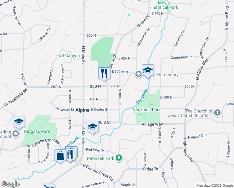 map of restaurants, bars, coffee shops, grocery stores, and more near 121 North 300 East Street in Alpine