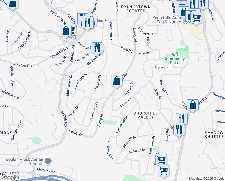 map of restaurants, bars, coffee shops, grocery stores, and more near 544 Long Road in Pittsburgh