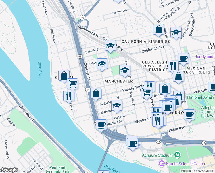 map of restaurants, bars, coffee shops, grocery stores, and more near 1327 Liverpool Street in Pittsburgh