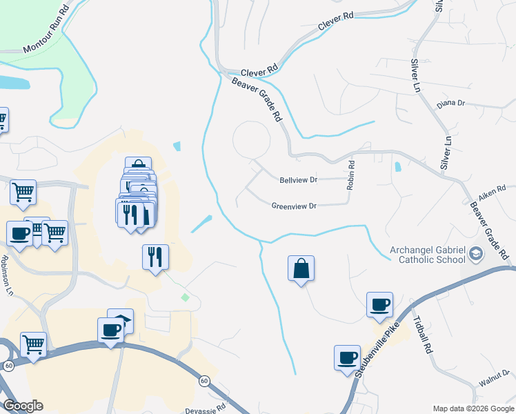 map of restaurants, bars, coffee shops, grocery stores, and more near 39 Greenview Drive in McKees Rocks