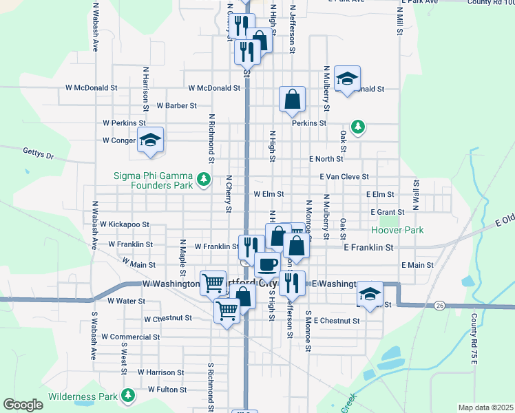 map of restaurants, bars, coffee shops, grocery stores, and more near 222 W Grant St in Hartford City