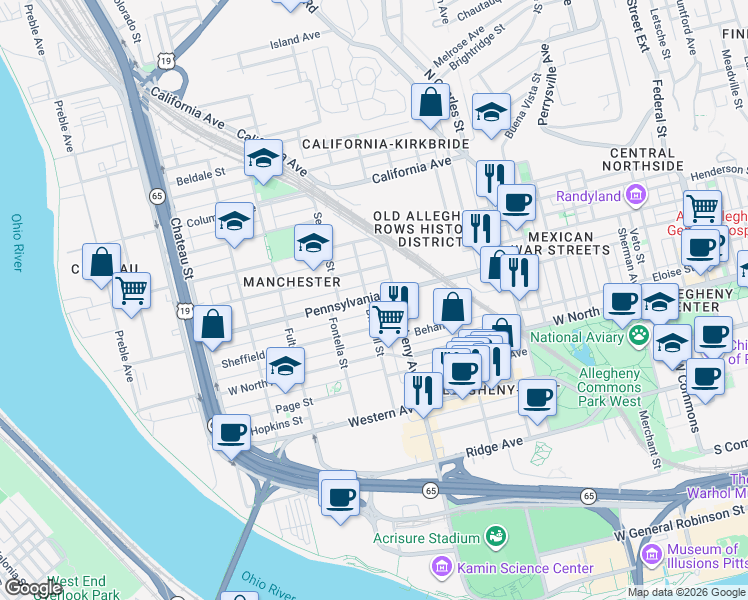 map of restaurants, bars, coffee shops, grocery stores, and more near 1023 Pennsylvania Avenue in Pittsburgh
