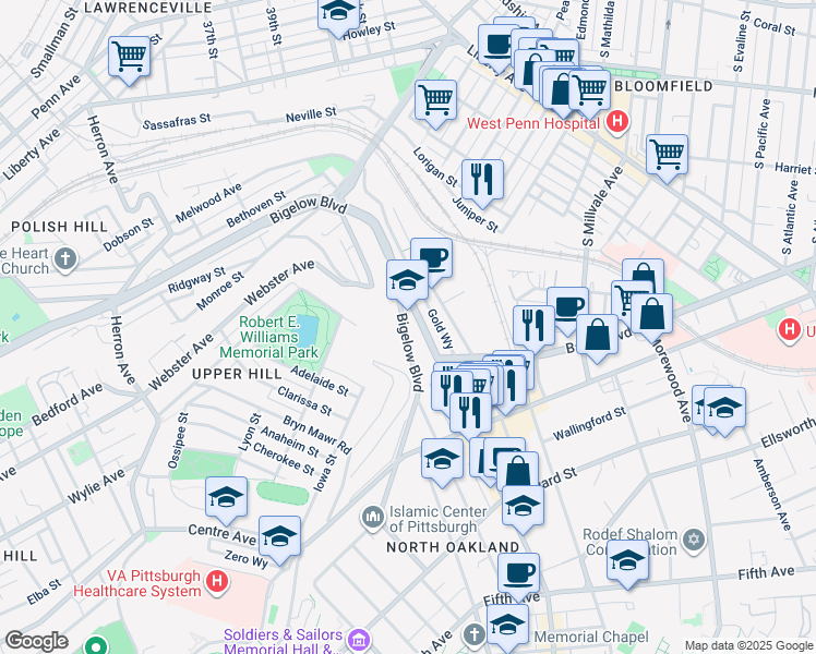 map of restaurants, bars, coffee shops, grocery stores, and more near 3879 Bigelow Boulevard in Pittsburgh