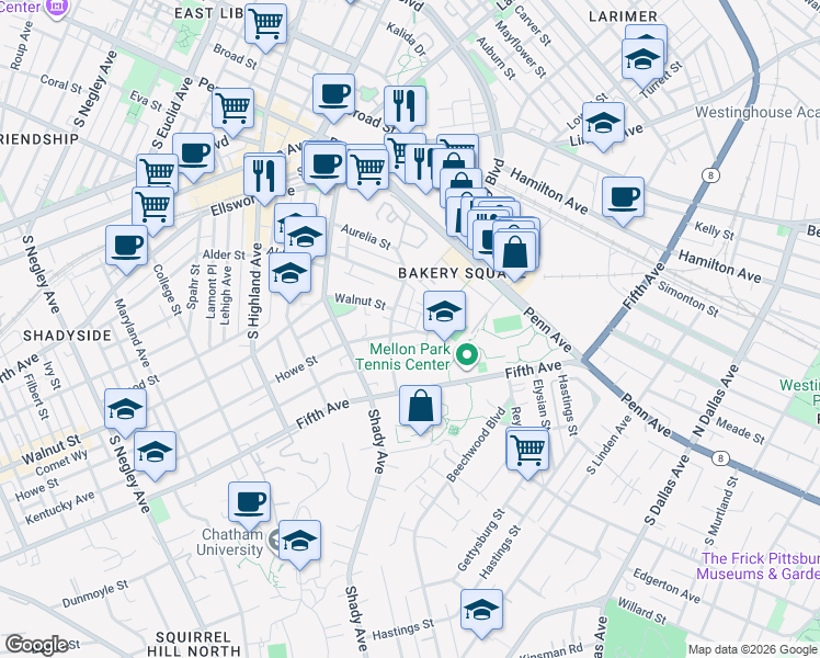 map of restaurants, bars, coffee shops, grocery stores, and more near 6435 Howe Street in Pittsburgh