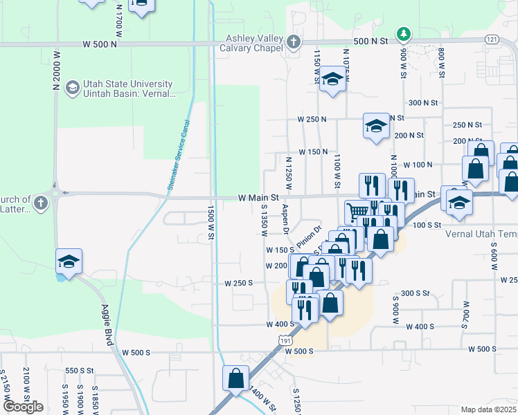 map of restaurants, bars, coffee shops, grocery stores, and more near 24 South 1350 West in Vernal