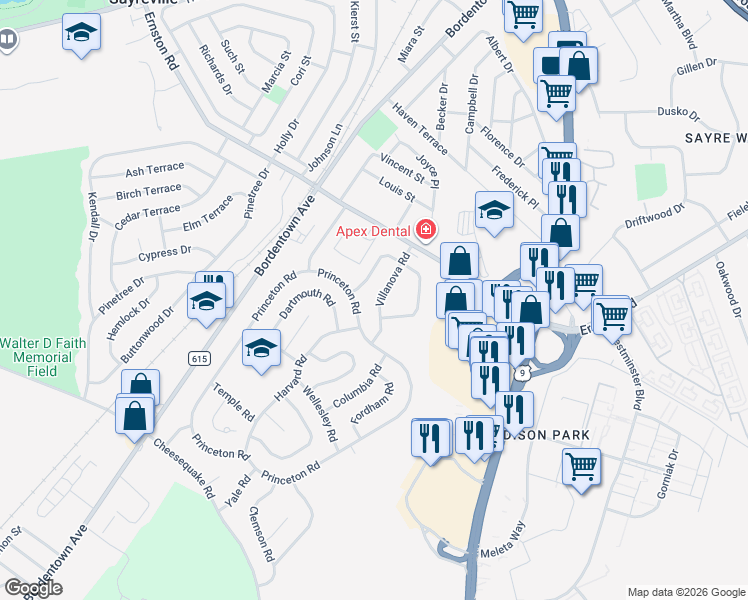 map of restaurants, bars, coffee shops, grocery stores, and more near 21 Villanova Road in Old Bridge