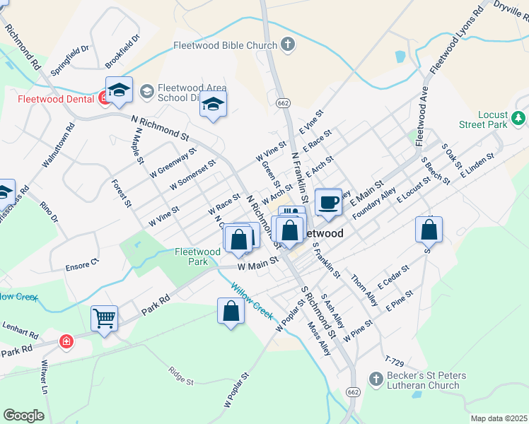 map of restaurants, bars, coffee shops, grocery stores, and more near 41 West Washington Street in Fleetwood