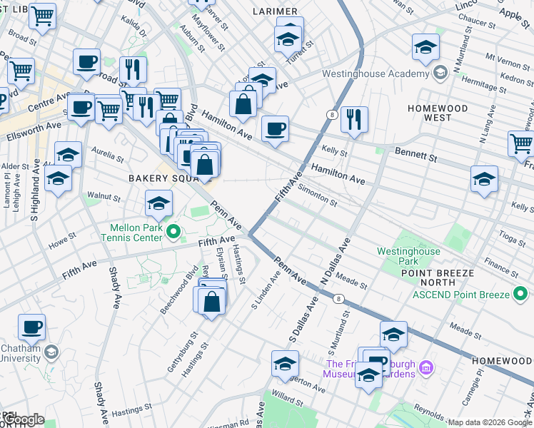 map of restaurants, bars, coffee shops, grocery stores, and more near Fifth Ave & Thomas Blvd in Pittsburgh