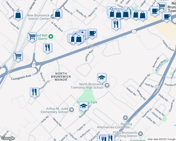map of restaurants, bars, coffee shops, grocery stores, and more near 206 Pennsylvania Way in North Brunswick Township