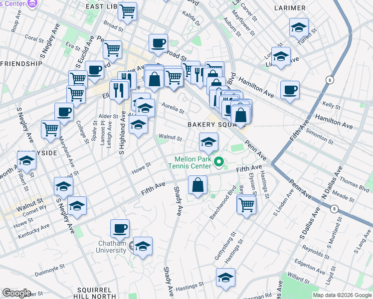 map of restaurants, bars, coffee shops, grocery stores, and more near 342 Denniston Street in Pittsburgh
