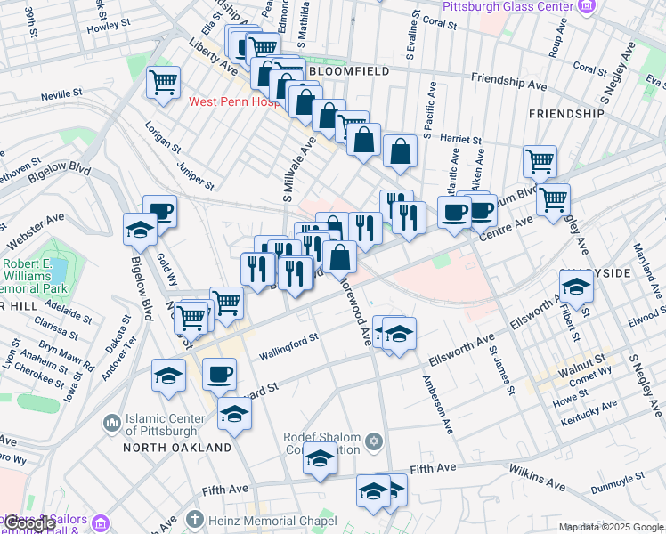 map of restaurants, bars, coffee shops, grocery stores, and more near Morewood Ave & Baum Blvd in Pittsburgh