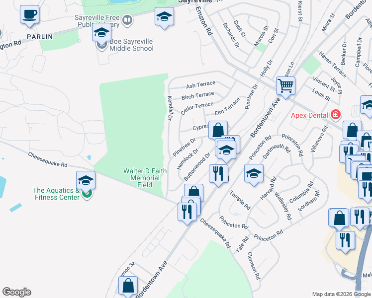 map of restaurants, bars, coffee shops, grocery stores, and more near 96 Pinetree Drive in Sayreville