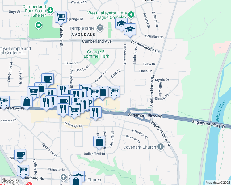 map of restaurants, bars, coffee shops, grocery stores, and more near 630 Kent Avenue in West Lafayette