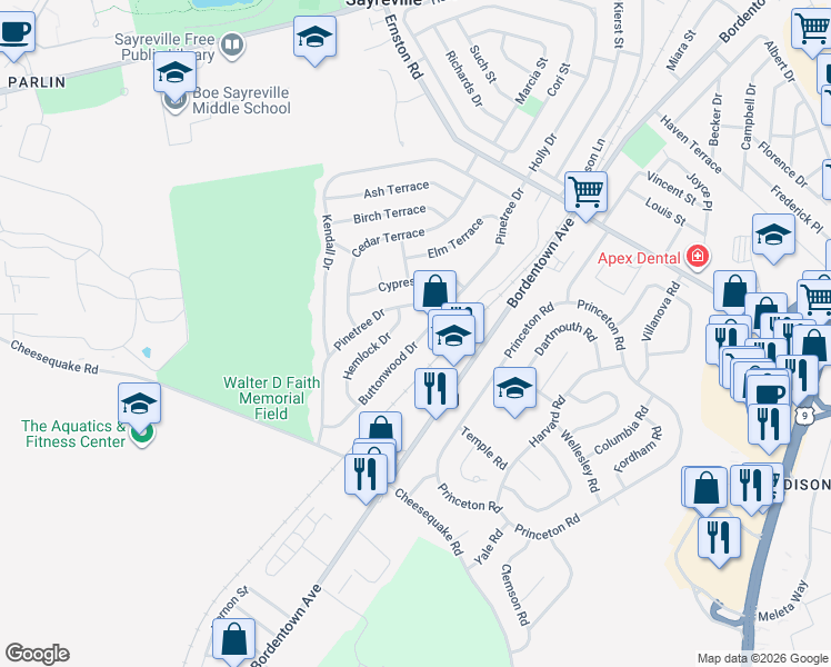 map of restaurants, bars, coffee shops, grocery stores, and more near 15 Buttonwood Drive in Sayreville