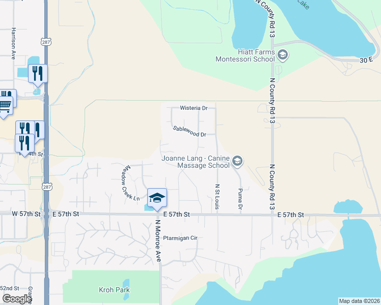 map of restaurants, bars, coffee shops, grocery stores, and more near 6114 Mangrove Court in Loveland