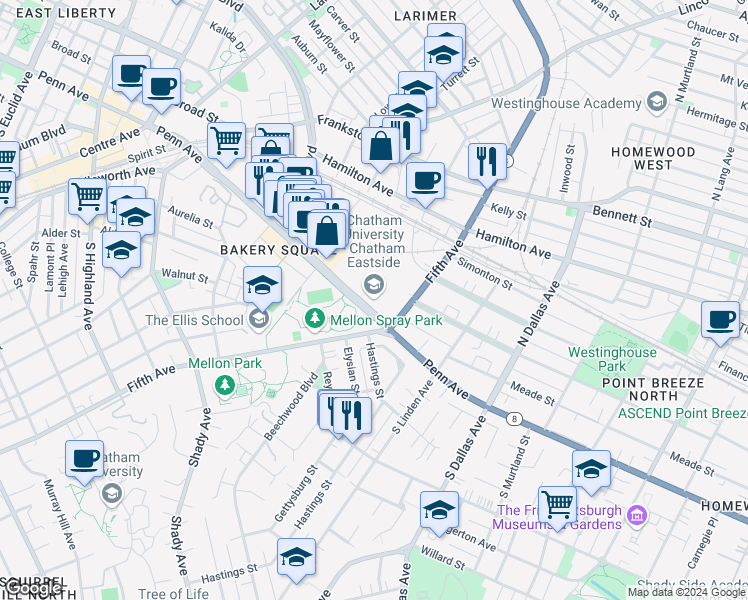 map of restaurants, bars, coffee shops, grocery stores, and more near 6585 Penn Avenue in Pittsburgh