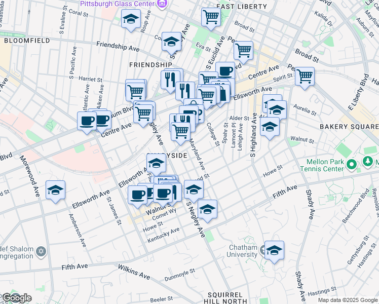 map of restaurants, bars, coffee shops, grocery stores, and more near 5747 Holden Street in Pittsburgh