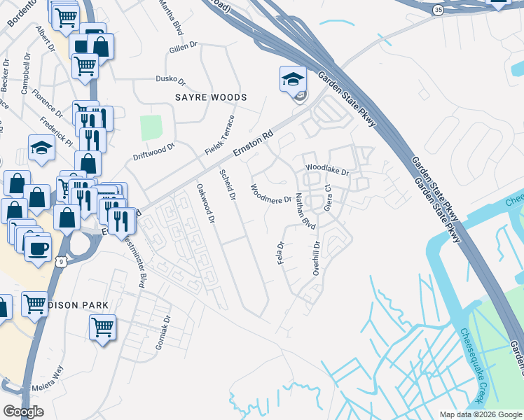 map of restaurants, bars, coffee shops, grocery stores, and more near 8 Tall Oaks Court in Sayreville