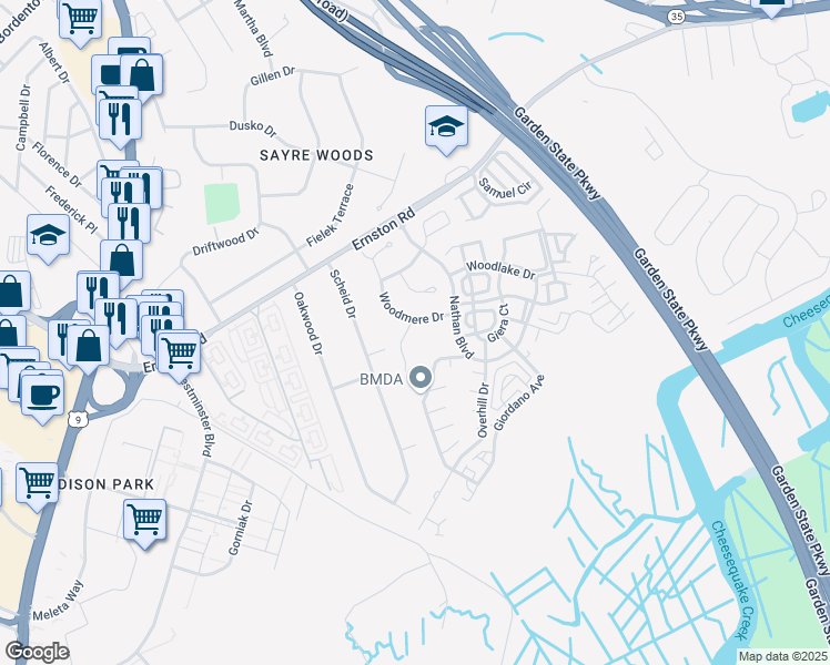 map of restaurants, bars, coffee shops, grocery stores, and more near 1 Tall Oaks Court in Sayreville