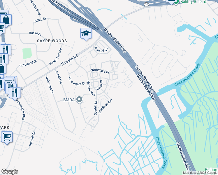 map of restaurants, bars, coffee shops, grocery stores, and more near 6404 Fernandez Court in Sayreville