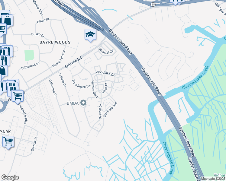 map of restaurants, bars, coffee shops, grocery stores, and more near 6404 Fernandez Court in Sayreville