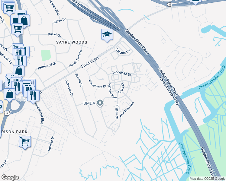 map of restaurants, bars, coffee shops, grocery stores, and more near 1 Boehm Drive in Sayreville