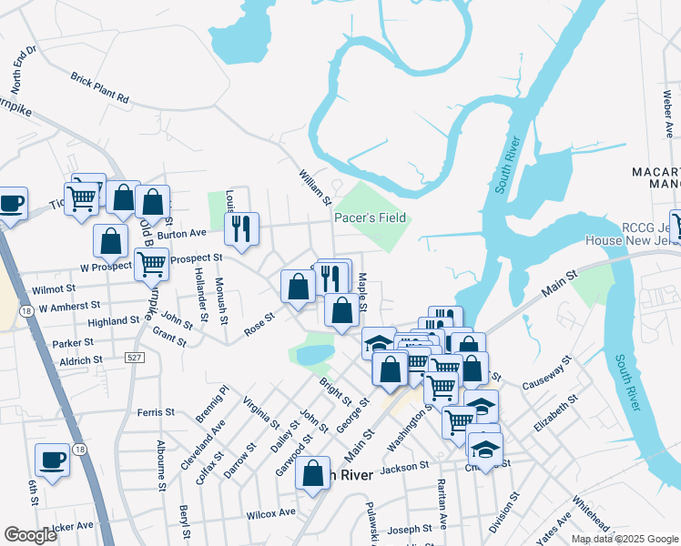 map of restaurants, bars, coffee shops, grocery stores, and more near 40 William Street in South River