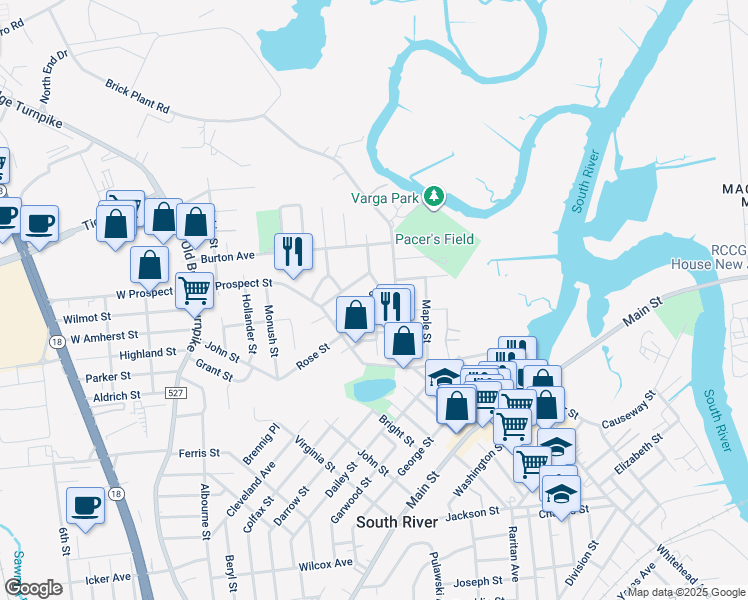 map of restaurants, bars, coffee shops, grocery stores, and more near 27 June Street in South River