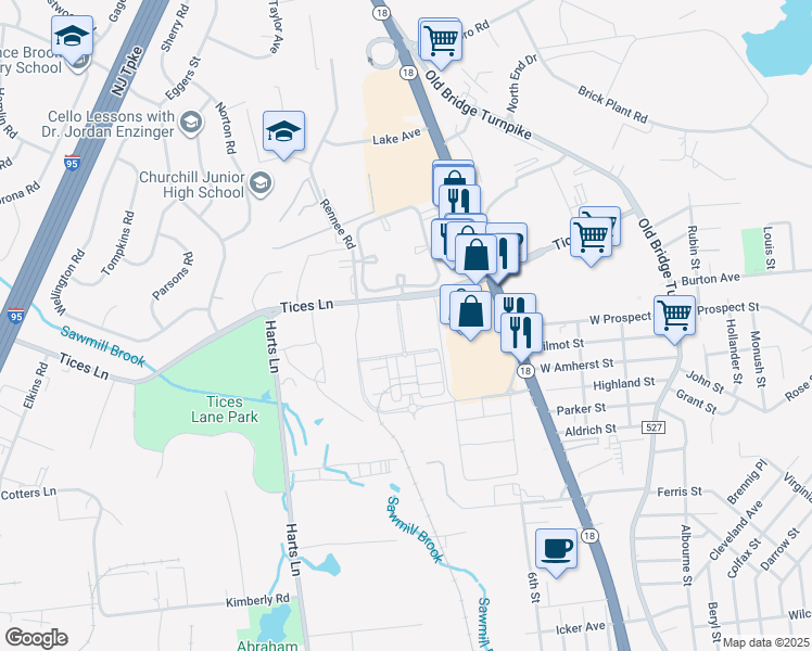 map of restaurants, bars, coffee shops, grocery stores, and more near 110 Tices Lane in East Brunswick