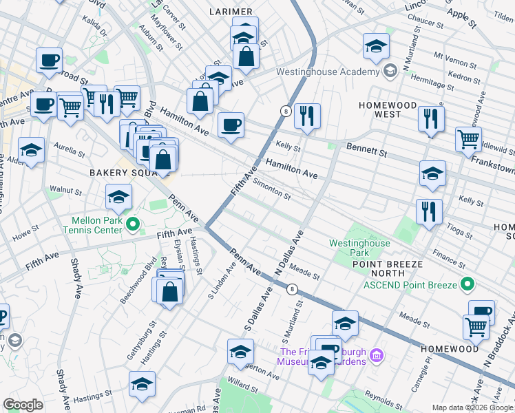 map of restaurants, bars, coffee shops, grocery stores, and more near 6730 McPherson Boulevard in Pittsburgh