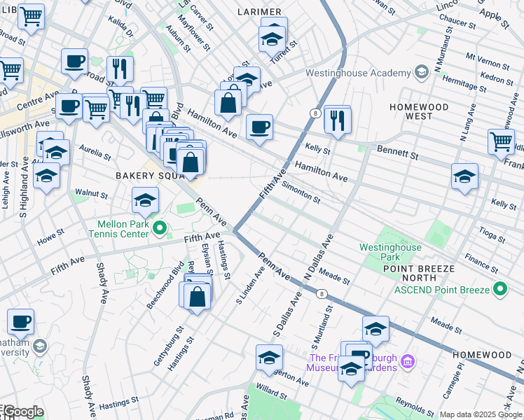 map of restaurants, bars, coffee shops, grocery stores, and more near 6705 Thomas Boulevard in Pittsburgh