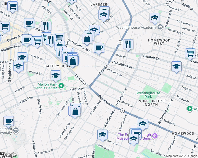map of restaurants, bars, coffee shops, grocery stores, and more near 6705 Thomas Boulevard in Pittsburgh