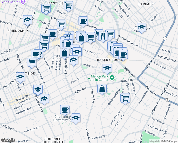 map of restaurants, bars, coffee shops, grocery stores, and more near 435 Shady Avenue in Pittsburgh