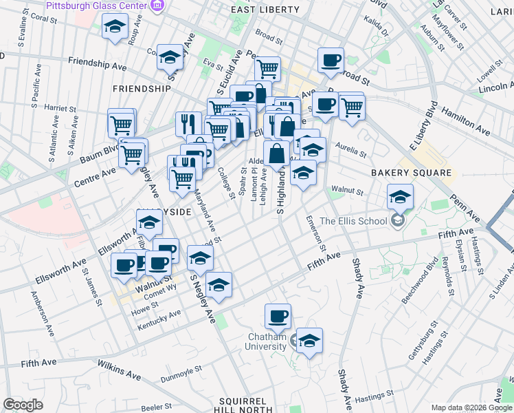 map of restaurants, bars, coffee shops, grocery stores, and more near 375 Spahr Street in Pittsburgh