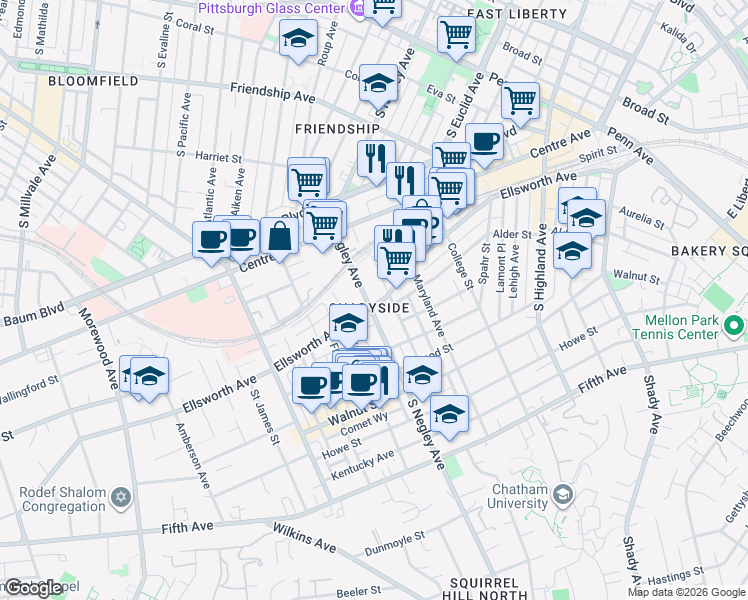 map of restaurants, bars, coffee shops, grocery stores, and more near in Pittsburgh