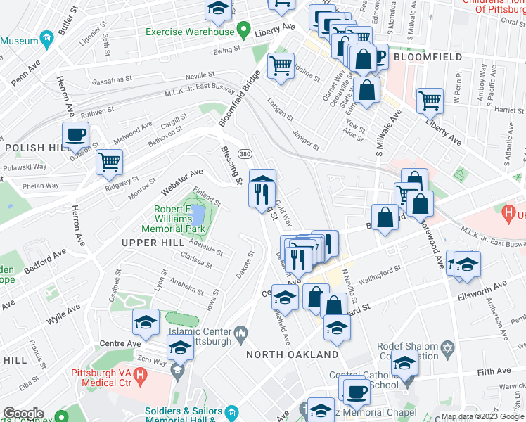 map of restaurants, bars, coffee shops, grocery stores, and more near 3879 Bigelow Boulevard in Pittsburgh